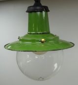Green enamel industrial pendant light fitting with clear glass globular shade,