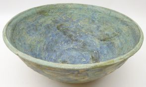 Large studio pottery textured bowl decorated in relief, signed Marg,