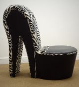Zebra pattern high back chair in the form of a shoe, W52cm, H104cm,