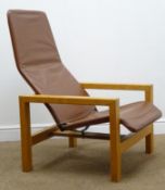 Oak framed chocolate leather armchair, W68cm, H96cm,