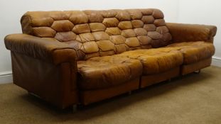 1970's De Sede DS-P three seat cognac leather extendable sofa on chrome supports,