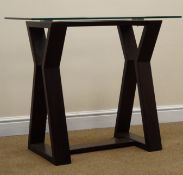 Italian glass top console table, shaped supports, floor stretcher, W90cm, H75cm,