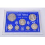 Queen Victoria Jubilee Head coins in a display case;