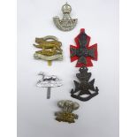 Six cap badges including Durham Light Infantry, 12th London Rangers, Leicestershire Regiment,