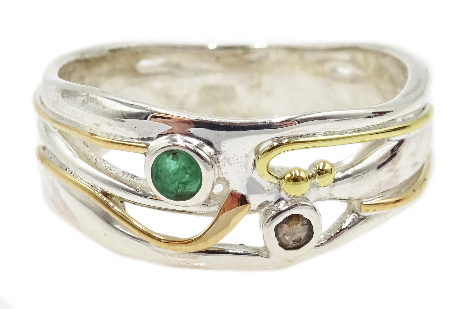 Silver with 14ct gold wire diamond and emerald ring,