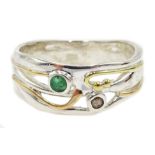 Silver with 14ct gold wire diamond and emerald ring,