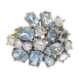Gold aquamarine and diamond contemporary design cluster ring,