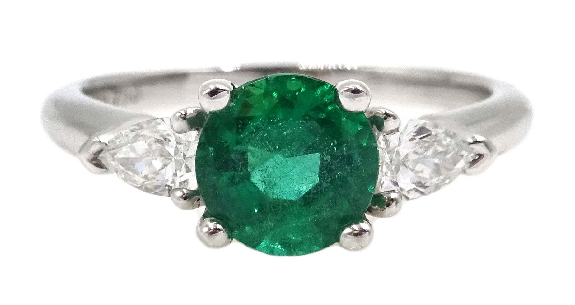 White gold round emerald and pear shaped diamond ring, emerald 1.