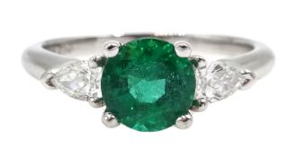 White gold round emerald and pear shaped diamond ring, emerald 1.