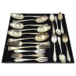 Set of six Continental silver dessert spoons, two matching forks and other flatware,