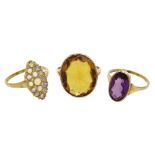 Amethyst 9ct gold ring hallmarked, 9ct rose gold (tested) citrine ring and a marquise opal set ring,