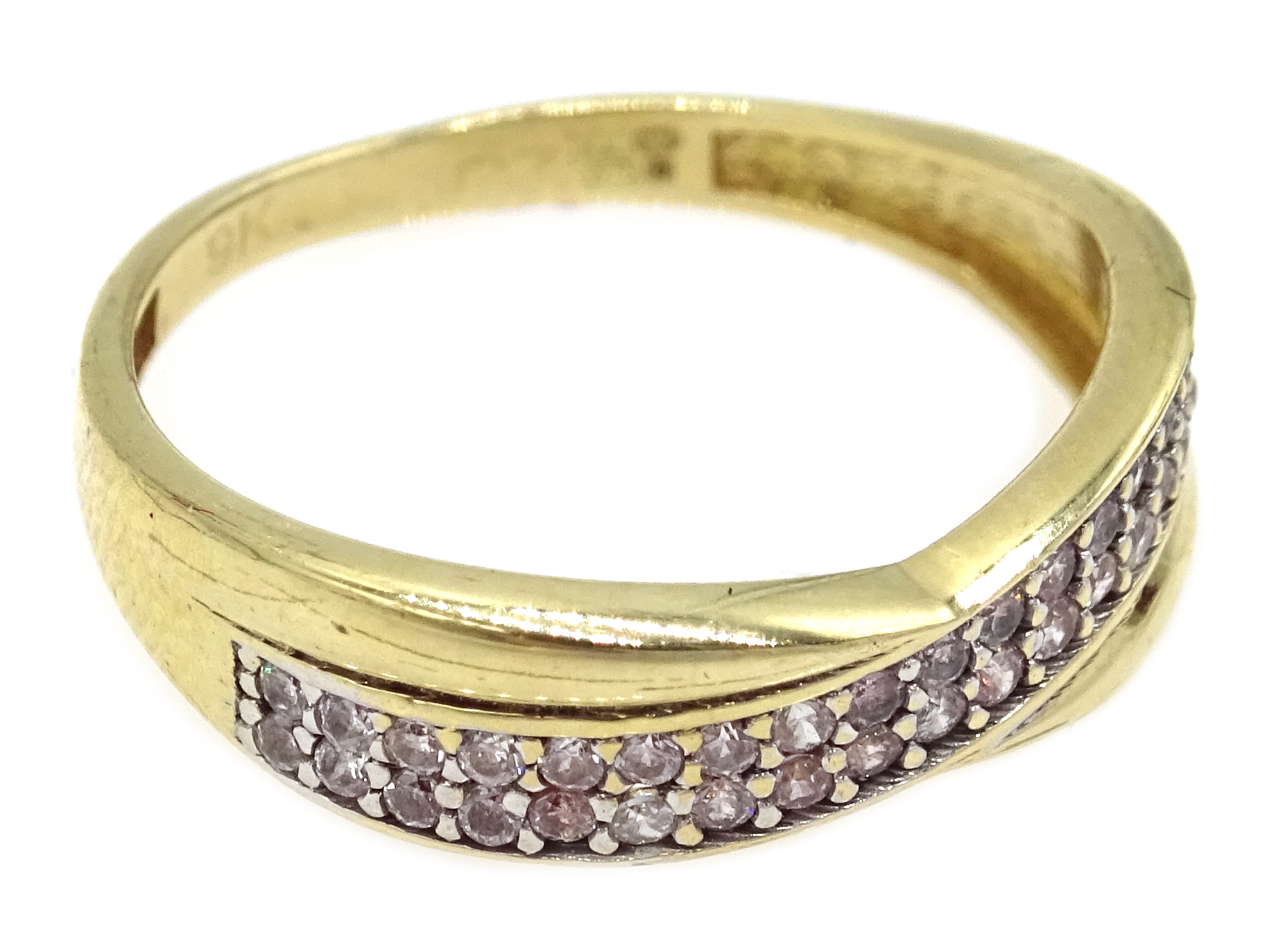 Gold double row diamond crossover ring, stamped 9K Condition Report Approx 1. - Image 2 of 3