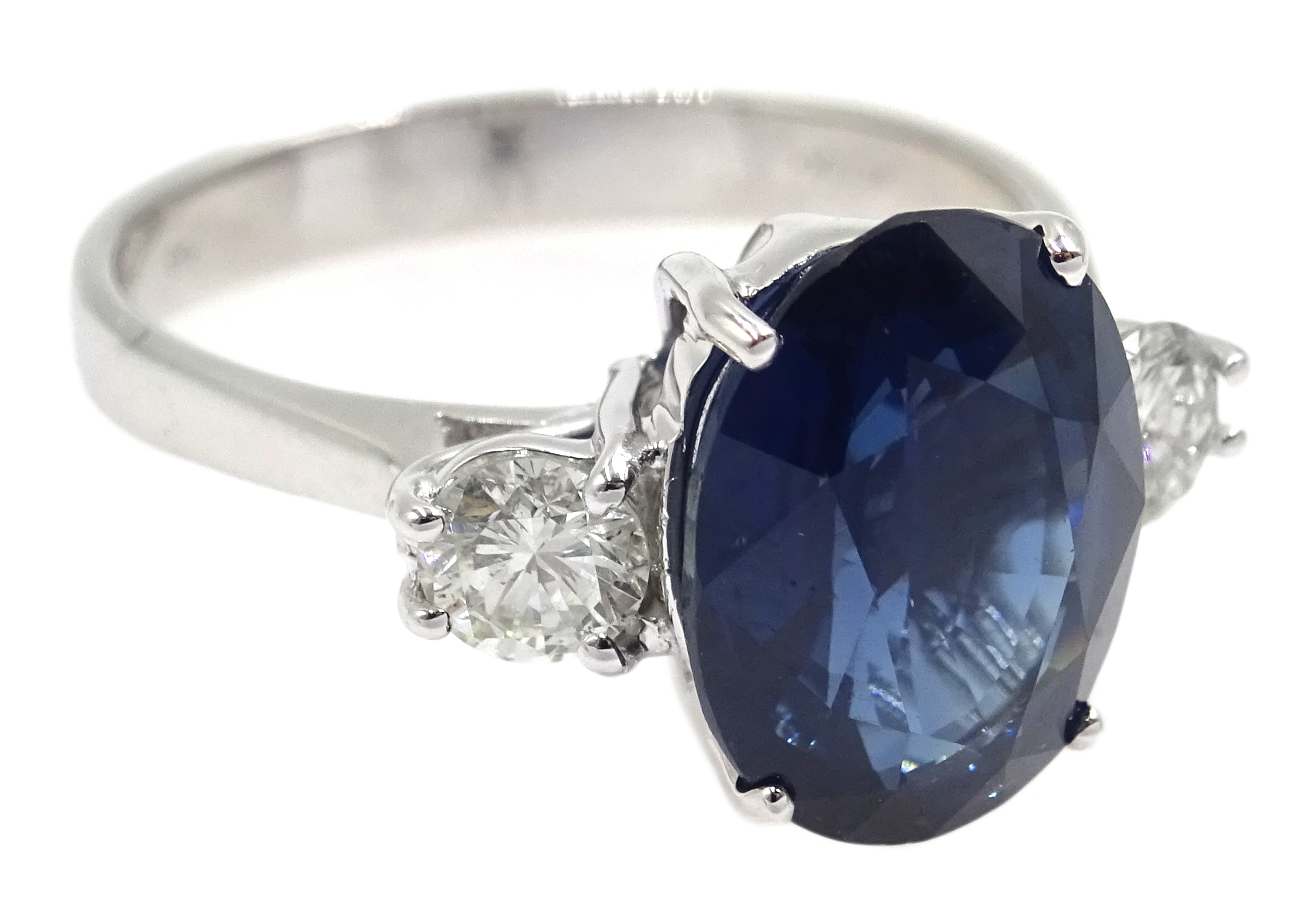 White gold three stone oval sapphire and round brilliant cut diamond ring, hallmarked, - Image 2 of 3