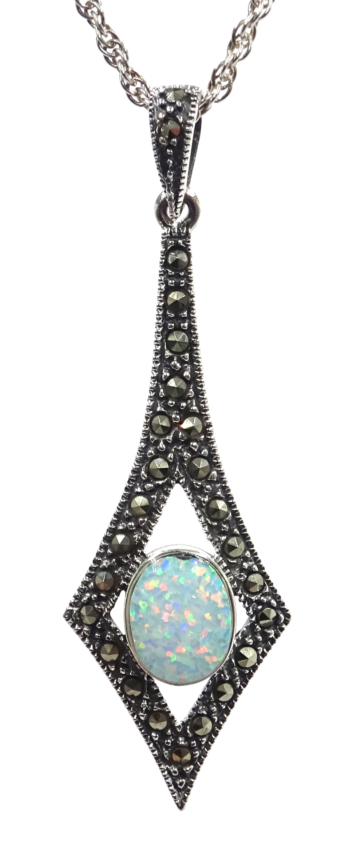 Silver opal and marcasite pendant necklace,