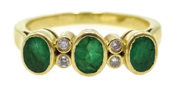 Gold three stone emerald and four stone diamond ring,