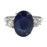 White gold three stone oval sapphire and round brilliant cut diamond ring, hallmarked,