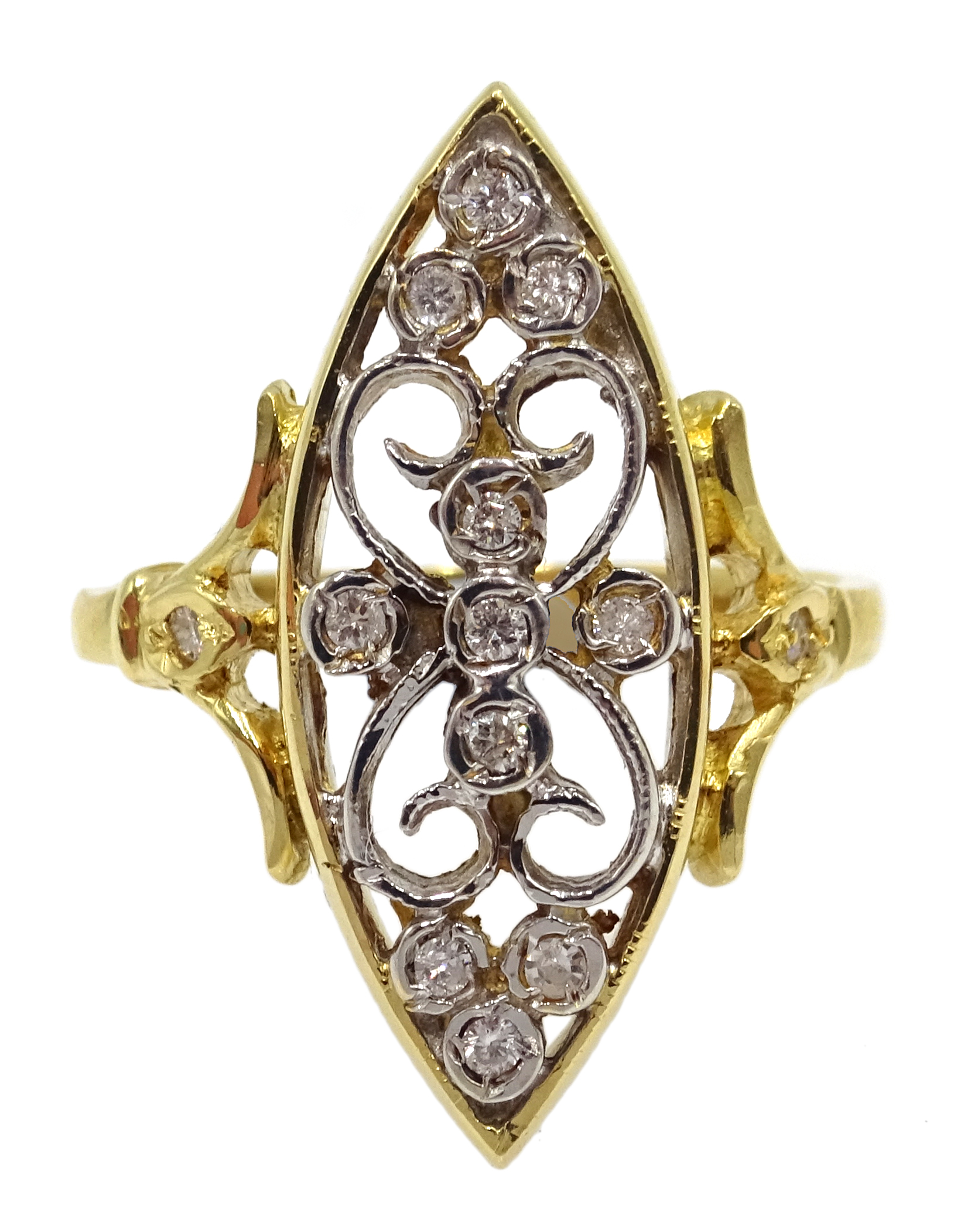 18ct gold diamond set, openwork marquise shape ring, hallmarked Condition Report 7.