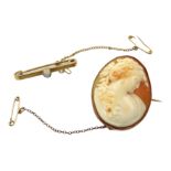 Gold mounted cameo brooch and gold bar brooch set with an opal,