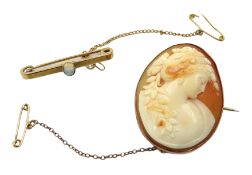 Gold mounted cameo brooch and gold bar brooch set with an opal,