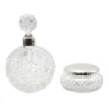 Shop stock: Silver mounted large cut glass perfume bottle 17cm and a cut glass dressing table jar
