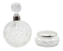 Shop stock: Silver mounted large cut glass perfume bottle 17cm and a cut glass dressing table jar