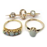 Edwardian gold five stone opal ring, hallmarked 18ct, gold stone set brooch and single pearl ring,