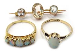 Edwardian gold five stone opal ring, hallmarked 18ct, gold stone set brooch and single pearl ring,
