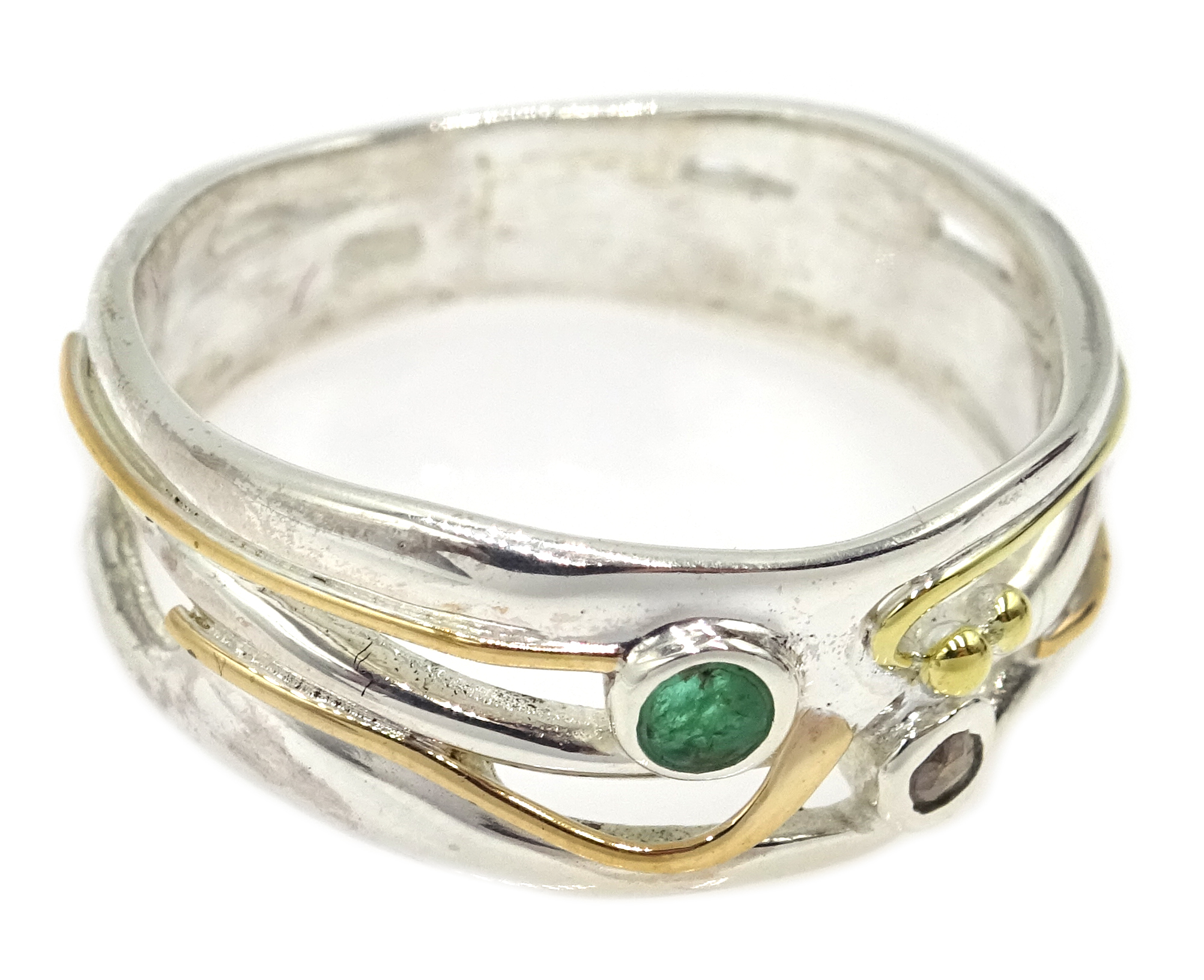 Silver with 14ct gold wire diamond and emerald ring, - Image 2 of 3