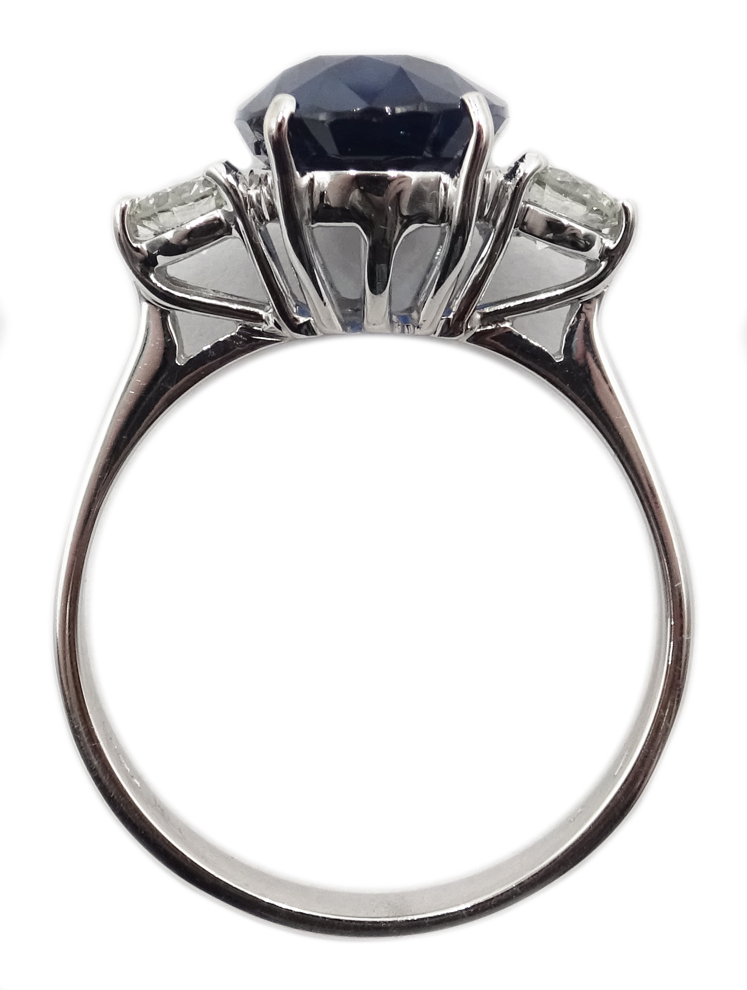 White gold three stone oval sapphire and round brilliant cut diamond ring, hallmarked, - Image 3 of 3