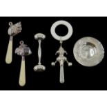 Shop stock: Christening gifts - silver teddy dish and rattles in the form of rabbbit, cat,