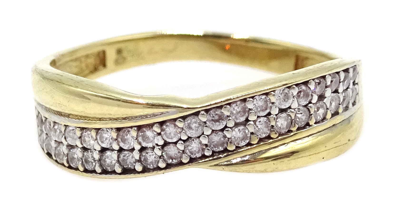 Gold double row diamond crossover ring, stamped 9K Condition Report Approx 1.