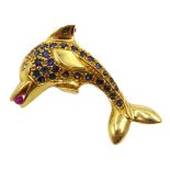 Sapphire, ruby and diamond gold dolphin pendant brooch,