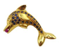 Sapphire, ruby and diamond gold dolphin pendant brooch,