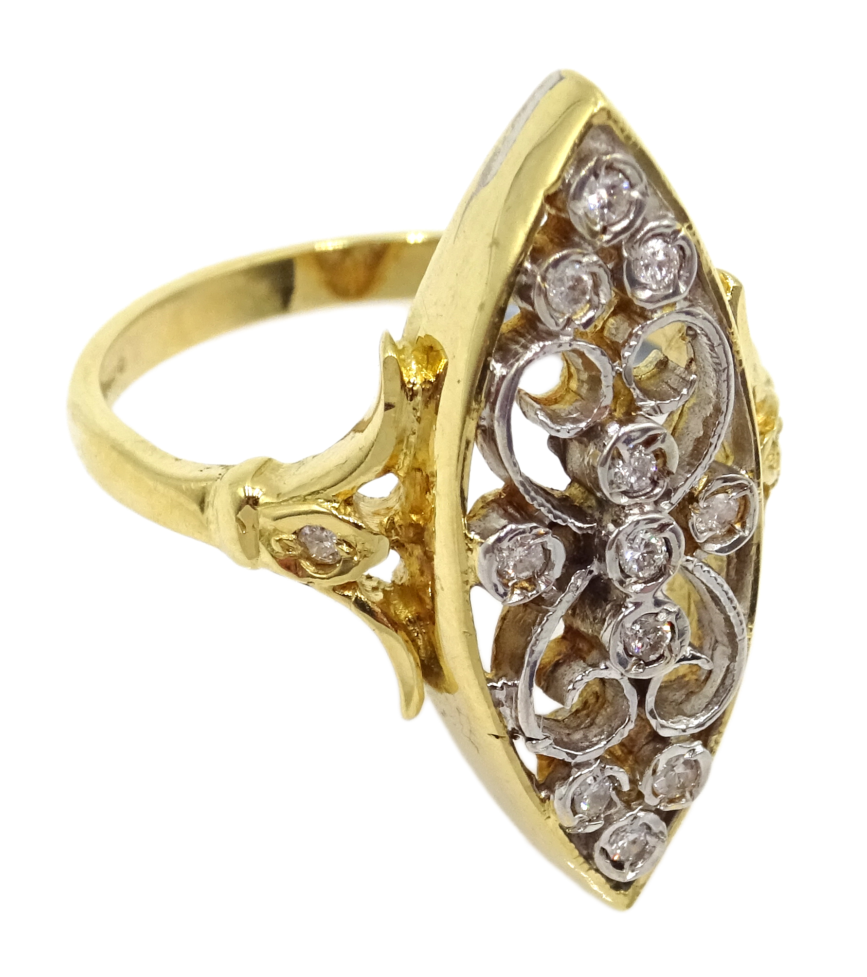 18ct gold diamond set, openwork marquise shape ring, hallmarked Condition Report 7. - Image 2 of 3