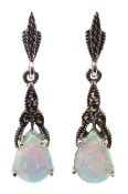 Pair of silver opal and marcasite pendant earrings,