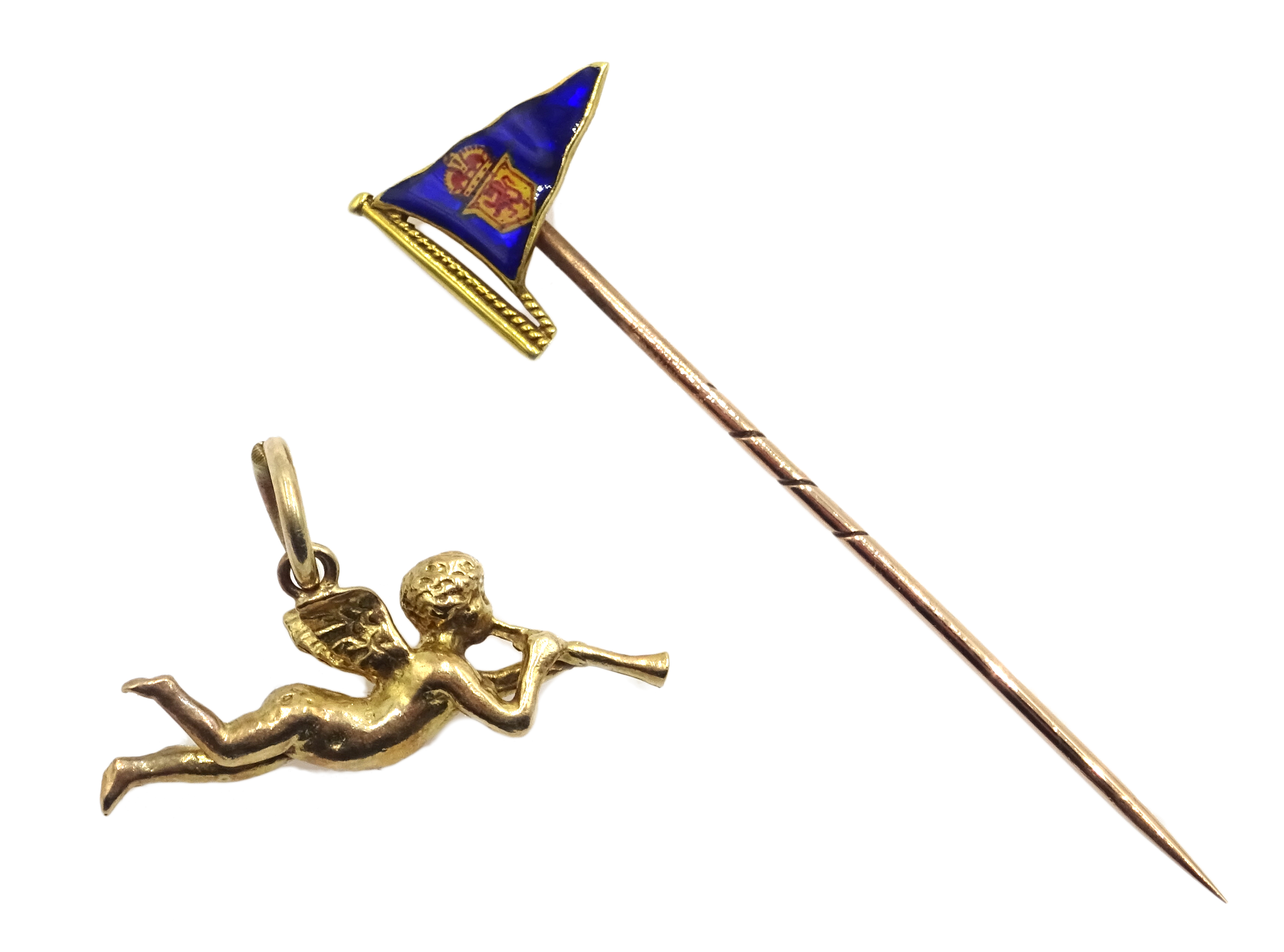 18ct gold and enamel Scottish pennant stick pin and a 9ct gold cherub charm hallmarked