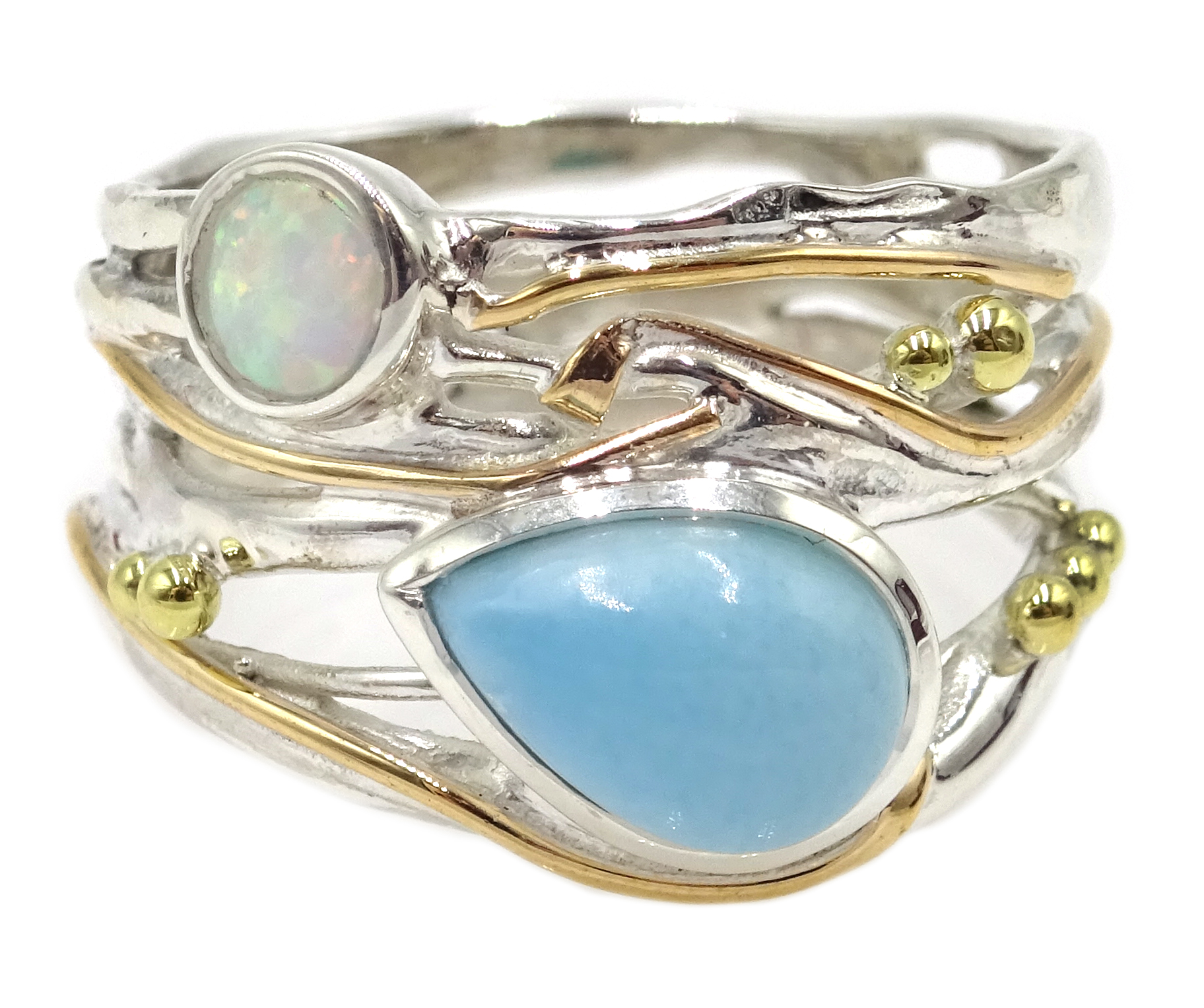 Silver with 14ct gold wire opal and larimar ring,