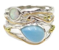 Silver with 14ct gold wire opal and larimar ring,