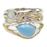 Silver with 14ct gold wire opal and larimar ring,