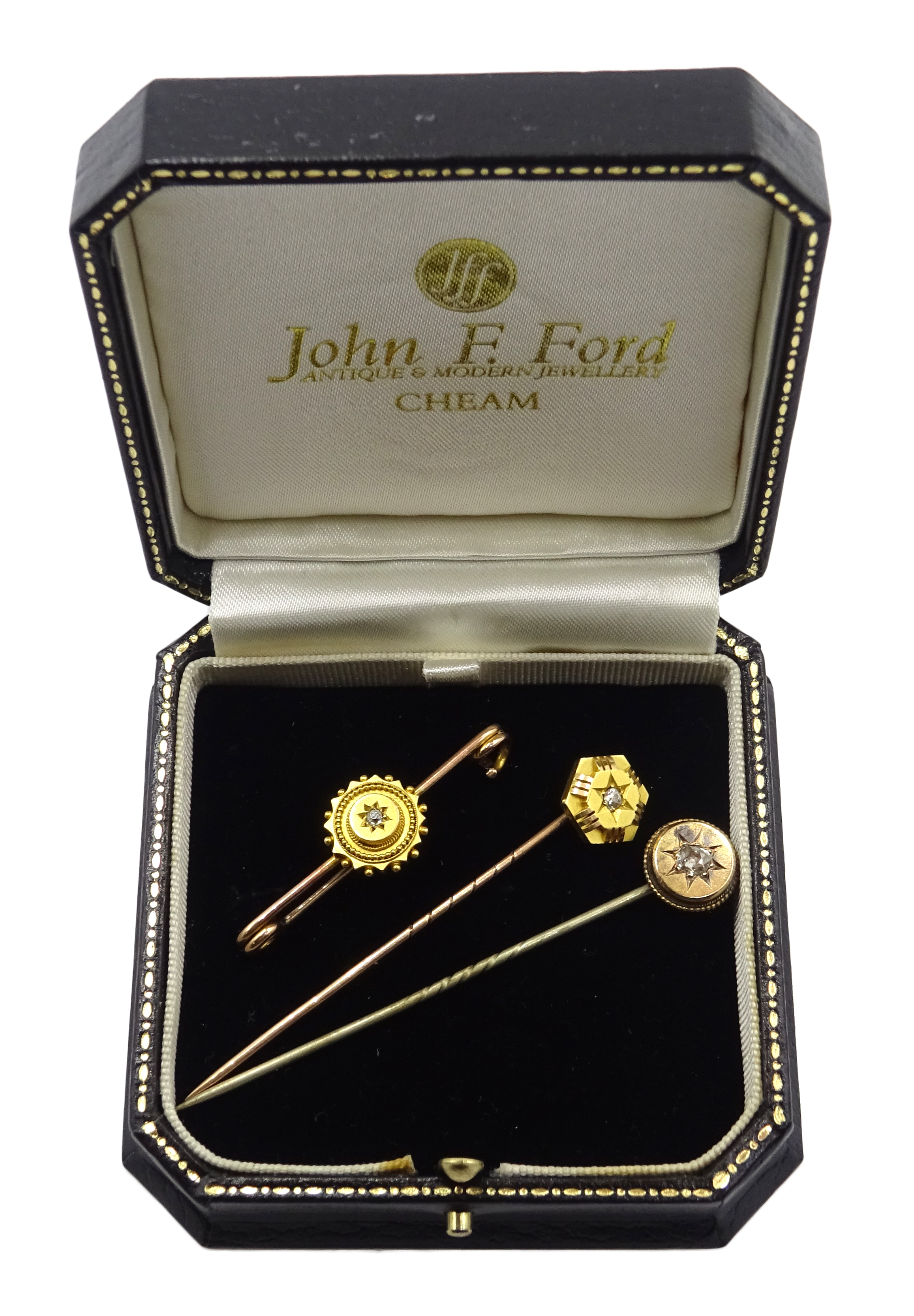 Two Victorian/Edwardian diamond stick pins and 9ct gold diamond set brooch hallmakred (3)