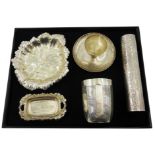 Silver leaf dish, beaten silver pin/spill jar, egg cup, French beaker etc alll hallmarked 10.