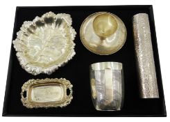 Silver leaf dish, beaten silver pin/spill jar, egg cup, French beaker etc alll hallmarked 10.