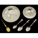 Shop stock: Silver Armada dish 13cm and a smaller dish, two anointing spoons,