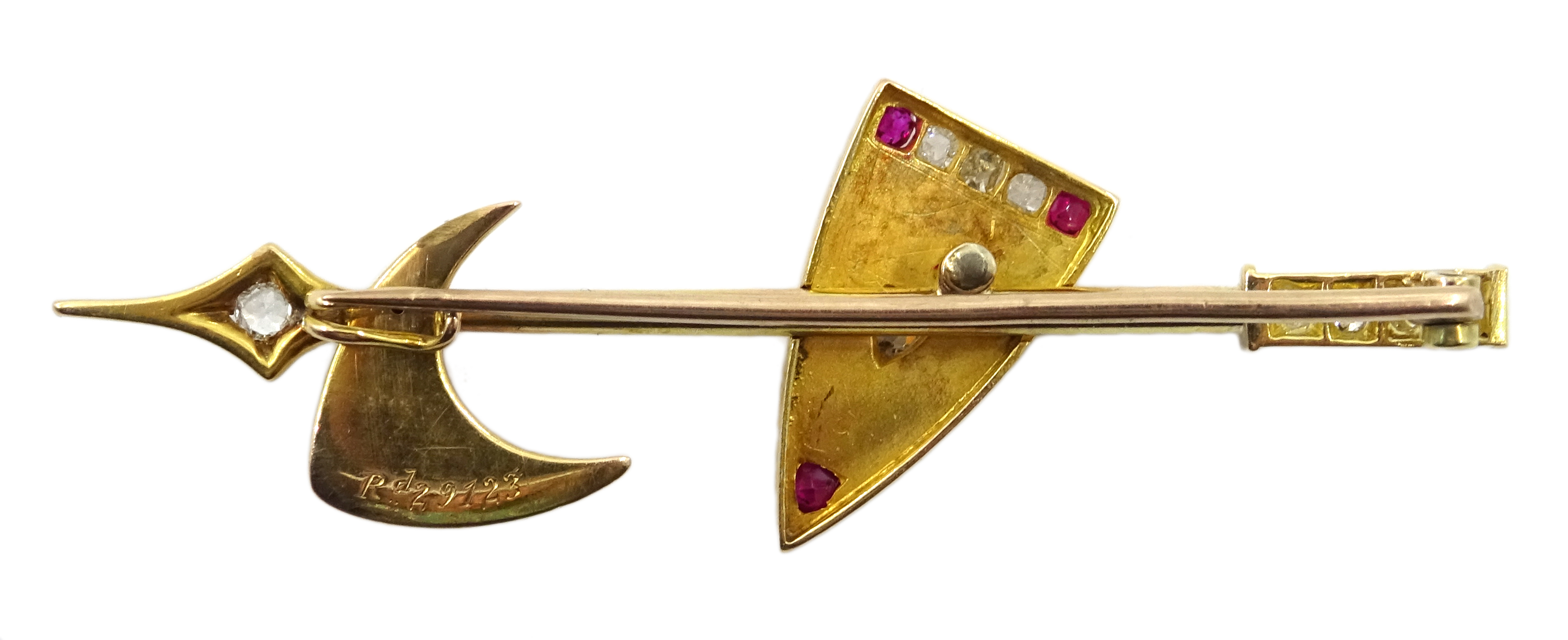 Victorian gold shield and axe bar brooch, set with three rubies, eight diamonds and a pearl, - Image 3 of 3
