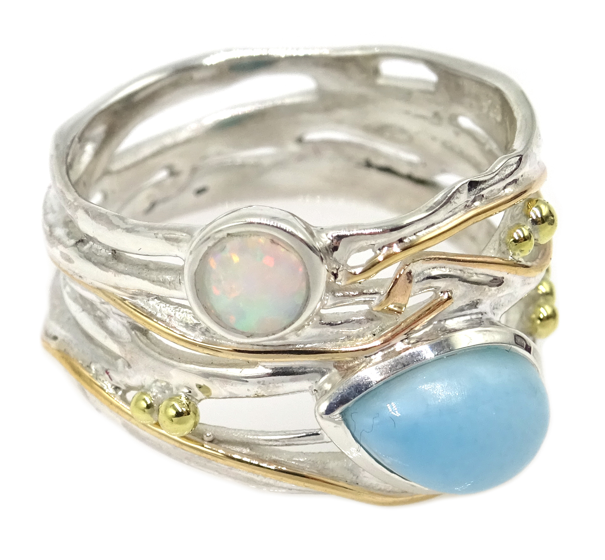 Silver with 14ct gold wire opal and larimar ring, - Image 2 of 3