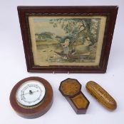 Victorian money box in the form of a wall clock, H15cm, 1850 treen snuff box,