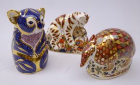 Three Royal Crown Derby paperweights: Armadillo dated 1996, gold stopper,