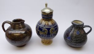 German salt-glaze stoneware jugs: Reinh Merkelbach höhr Grenzhausen with pewter lid & incised