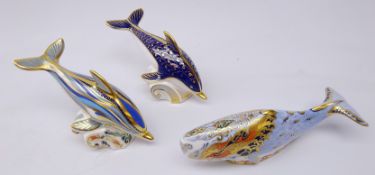 Three Royal Crown Derby paperweights: Oceanic Whale designed exclusively for the Royal Crown Derby