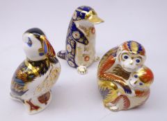 Three Royal Crown Derby paperweights: Monkey & baby dated 1992, silver stopper,